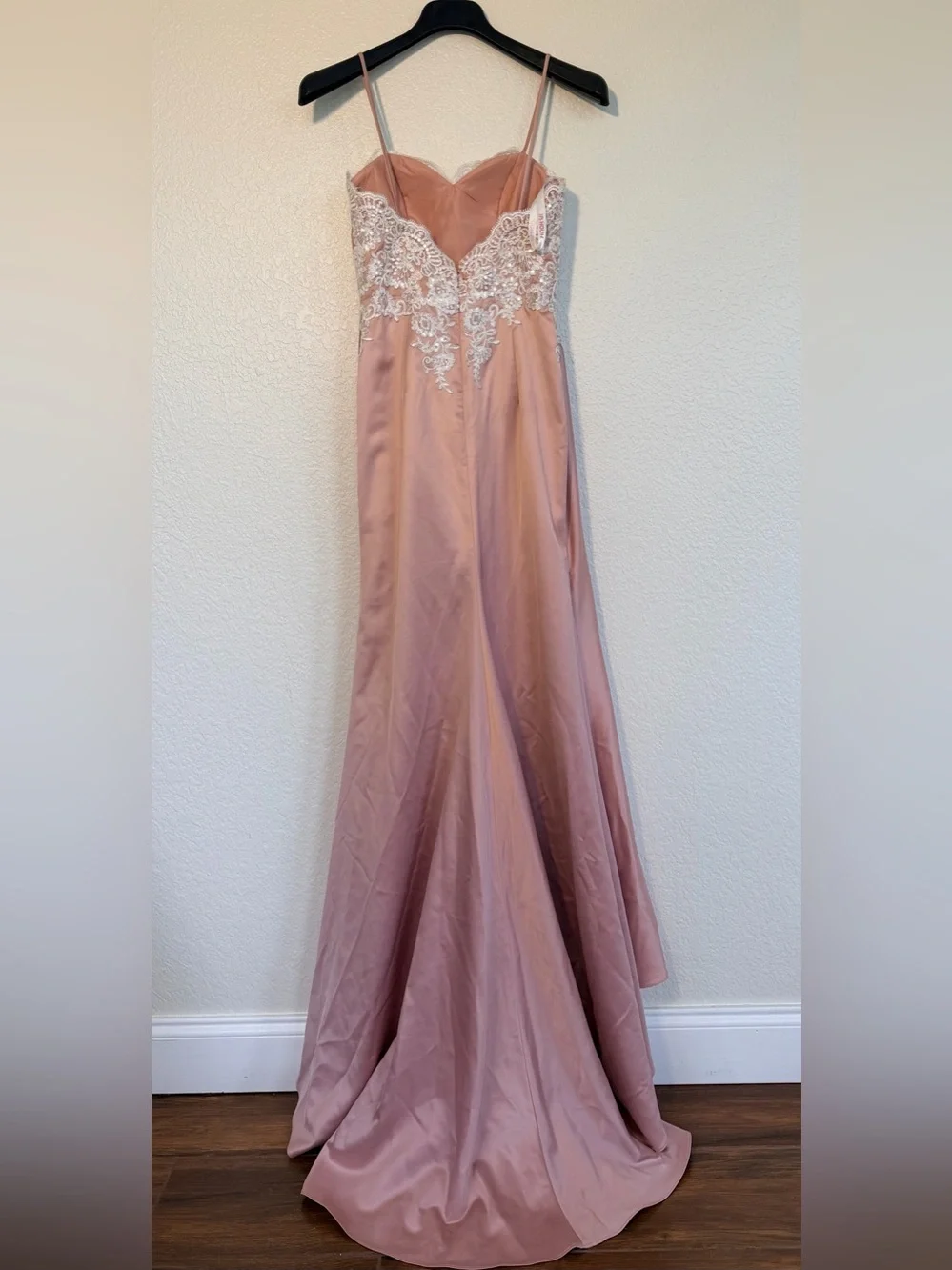 JJs House Blush Pink Lace Bodice Spaghetti Strap Evening Gown